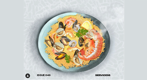 Editorial Illustration of a bowl of Seafood Jollof Rice by Vivian Uwakwe, African Artist for Dua Lipa's Service95 Issue046-Jollof-Rice